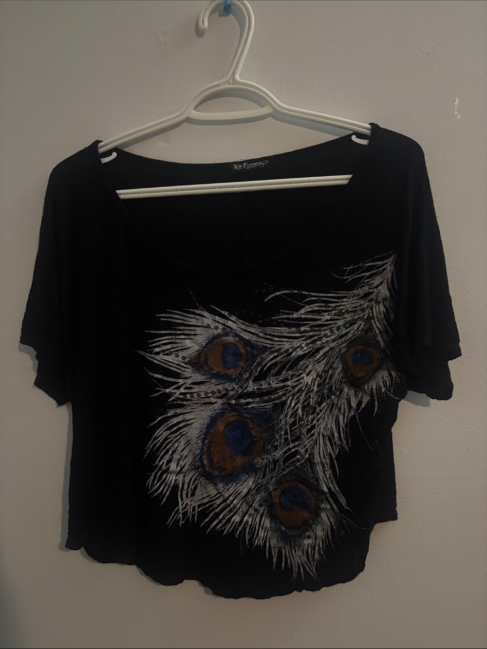 Women’s Black Top with Peacock Feather Graphic Tumblr 2010s off the shoulder